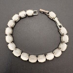 Vintage Avon White Moonstone Tennis Link Bracelet Silver Tone w/ Extender